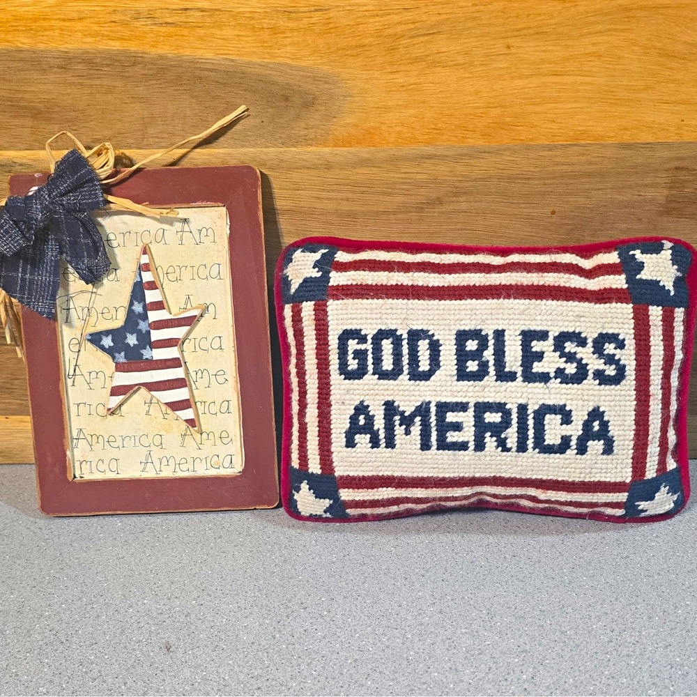 God Bless America Needlepoint Pillow Stars & Stripes 9"x6" & Wooden Wall Plaque